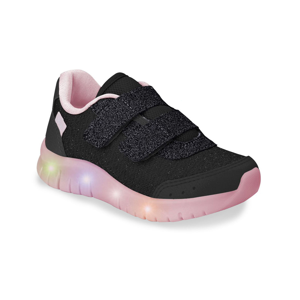 Tênis infantil preto com detalhes em rosa e luzes LED na sola, fechamento em velcro e palmilha macia